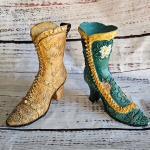 Decorative Victorian Style Boot Figurines Pair Resin? Floral Heels